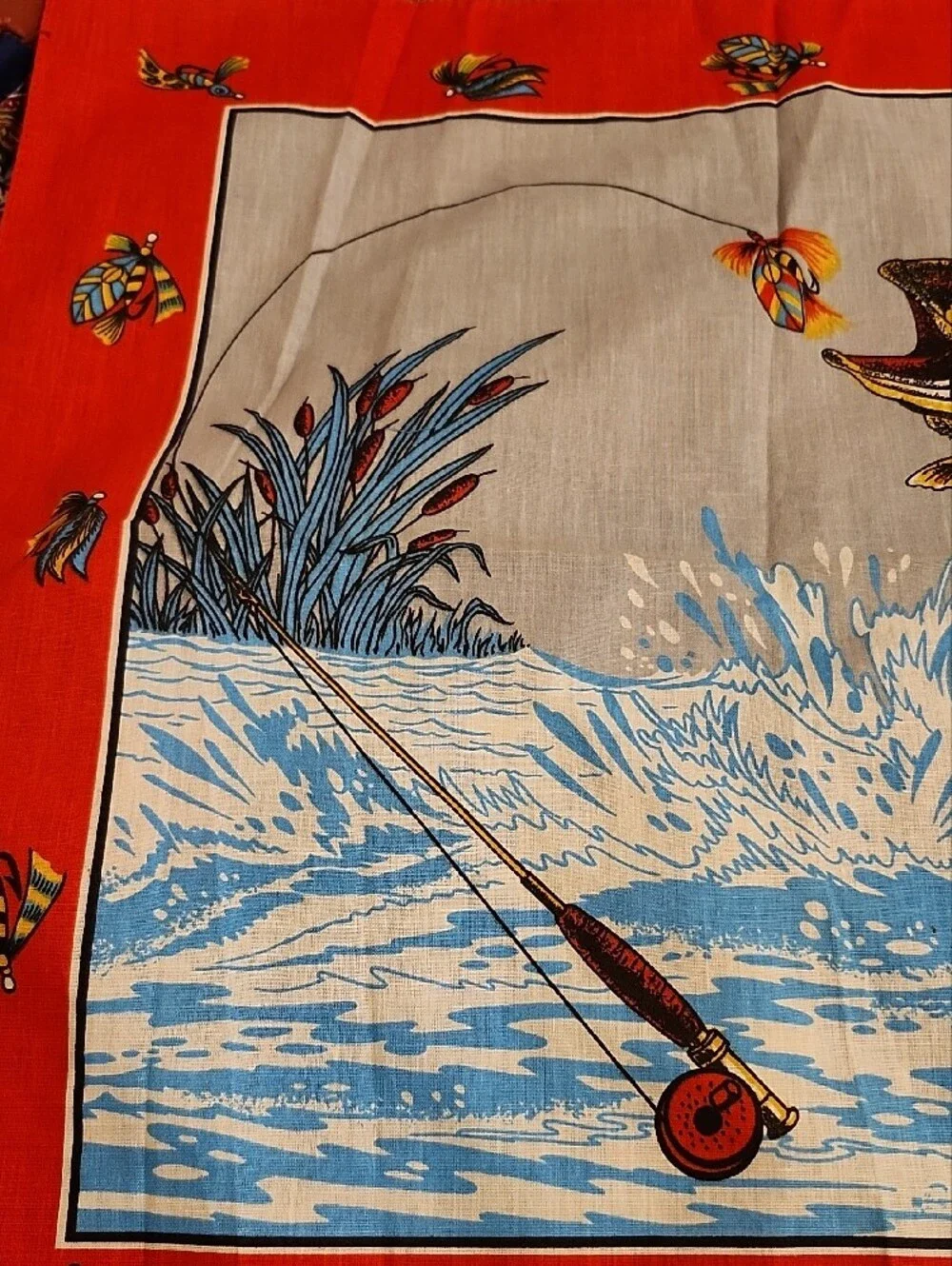 NOS Vtg 80s Fishing Themed Decorative Bandana Made In The USA
